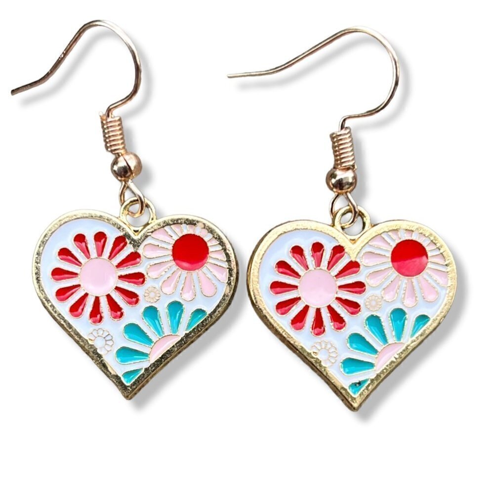 Floral Heart Enamel Drop Earrings | Handmade - Picture 3 of 5